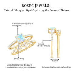 6 mm Cushion Cut Ethiopian Opal Solitaire Ring Set with Diamond Stackable Band