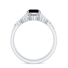 Cushion Cut Black Onyx and Diamond Engagement Ring with Leaf Wedding Band