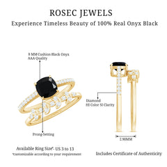 Cushion Cut Black Onyx and Diamond Engagement Ring with Leaf Wedding Band