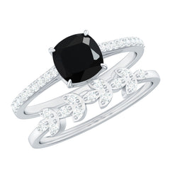 Natural 8mm Black Spinel Diamond Cushion Cut Engagement Ring with Enhancer