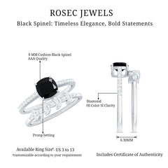 Natural 8mm Black Spinel Diamond Cushion Cut Engagement Ring with Enhancer
