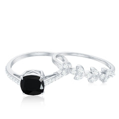 Natural 8mm Black Spinel Diamond Cushion Cut Engagement Ring with Enhancer