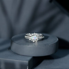 Certified Real Ethiopian Opal Diamond Wedding Bridal Ring Set of 3