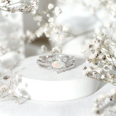 Certified Real Ethiopian Opal Diamond Wedding Bridal Ring Set of 3