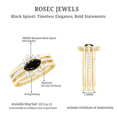 Natural Marquise Black Spinel Diamond 3 Piece Bridal Ring Set