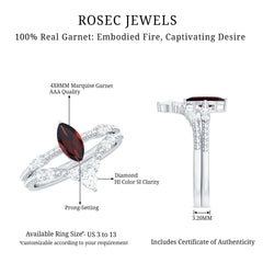 Certified Real Marquise Garnet Diamond Wedding Bridal Ring Set