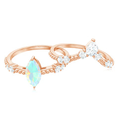 Certified Real Ethiopian Opal Marquise Engagement Wedding Ring Set of 2