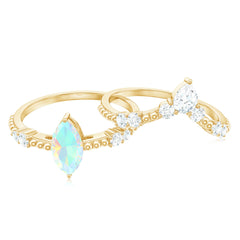 Certified Real Ethiopian Opal Marquise Engagement Wedding Ring Set of 2