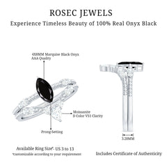4x8mm Marquise Cut Black Onyx Solitaire Ring Set with Moissanite Band