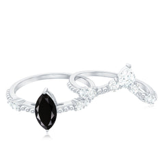 4x8mm Marquise Cut Black Onyx Solitaire Ring Set with Moissanite Band
