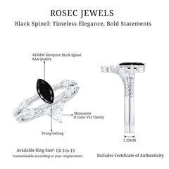 Natural Black Spinel Wedding Engagement Ring Set with Moissanite