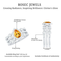 Pear Cut Citrine Bridal Trio Ring Set with Moissanite Band