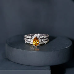 Pear Cut Citrine Bridal Trio Ring Set with Moissanite Band