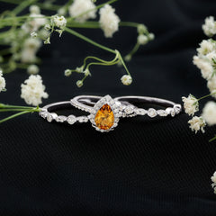 Pear Cut Citrine Bridal Trio Ring Set with Moissanite Band