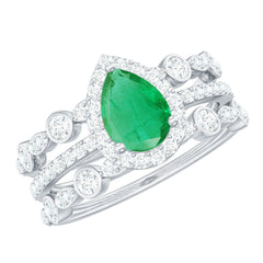 Natural Emerald Teardrop Engagement Ring and Wedding Band Set of 3