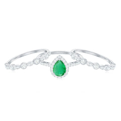 Natural Emerald Teardrop Engagement Ring and Wedding Band Set of 3