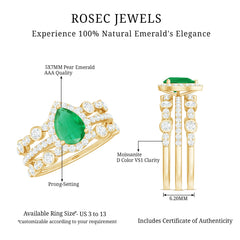 Natural Emerald Teardrop Engagement Ring and Wedding Band Set of 3