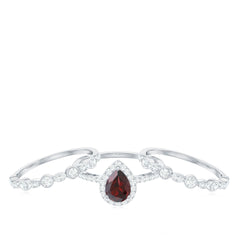 Real 5X7mm Pear Shape Garnet 3 Piece Wedding Ring Set