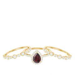 Real 5X7mm Pear Shape Garnet 3 Piece Wedding Ring Set