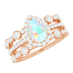 Genuine Vintage Style Opalescent Teardrop Engagement Wedding Ring Set of 3