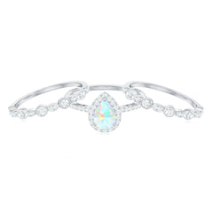 Genuine Vintage Style Opalescent Teardrop Engagement Wedding Ring Set of 3