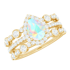 Genuine Vintage Style Opalescent Teardrop Engagement Wedding Ring Set of 3