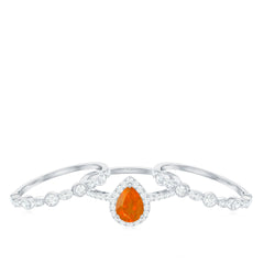 Pear Cut Fire Opal Bridal Trio Ring Set with Moissanite Band