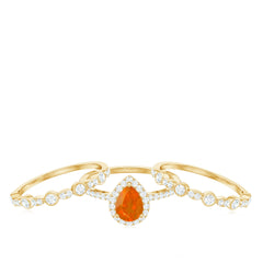 Pear Cut Fire Opal Bridal Trio Ring Set with Moissanite Band