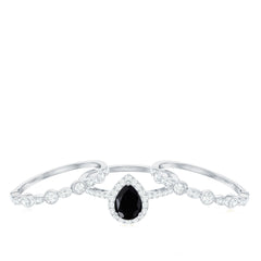 6x8mm Pear Cut Black Onyx Statement Ring Set with Moissanite Bands