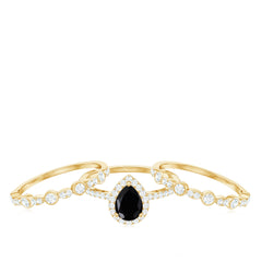 6x8mm Pear Cut Black Onyx Statement Ring Set with Moissanite Bands