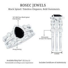 Natural Pear Shape Black Spinel Moissanite Bridal Ring Set of 3