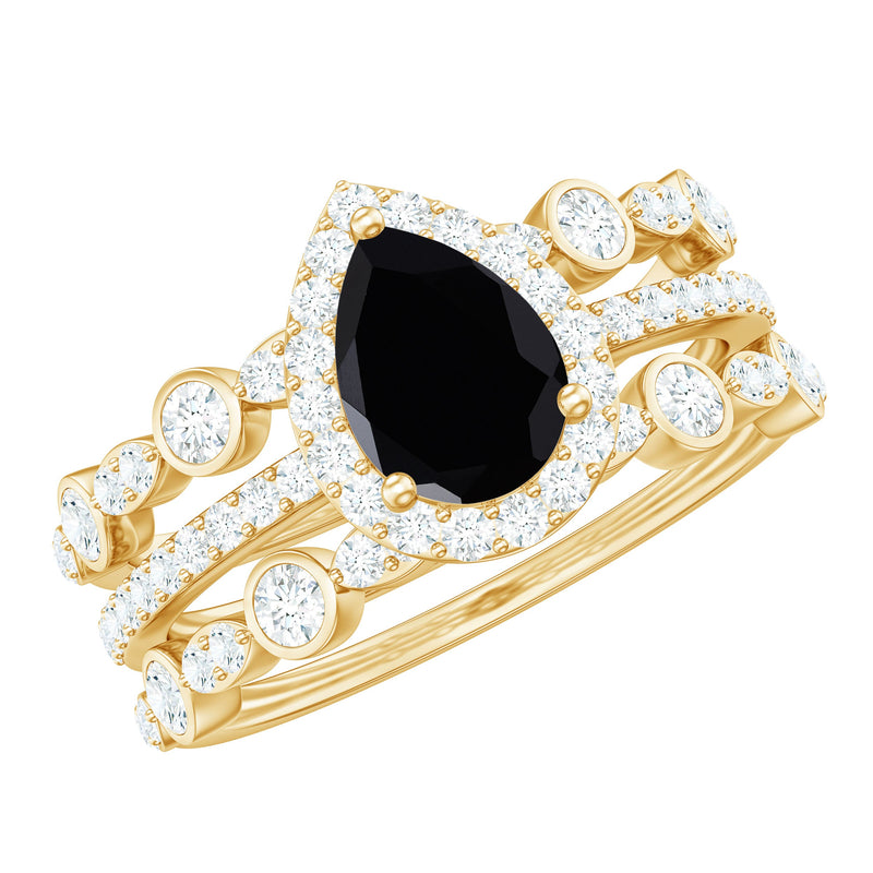 Natural Pear Shape Black Spinel Moissanite Bridal Ring Set of 3