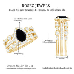 Natural Pear Shape Black Spinel Moissanite Bridal Ring Set of 3