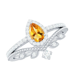 Certified Real Citrine Moissanite Teardrop Engagement Ring with Enhancer