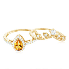 Certified Real Citrine Moissanite Teardrop Engagement Ring with Enhancer