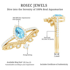 Aquamarine Vintage Teardrop Wedding Ring Set with Diamond