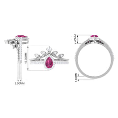 Pink tourmaline Vintage Teardrop Wedding Ring Set with Diamond