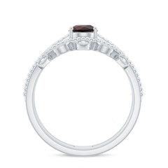 Natural Garnet Diamond Double Band Engagement Ring Wedding Band