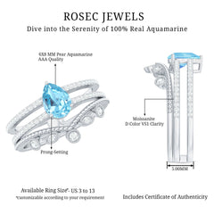 Pear Cut Real Aquamarine and Moissanite Wedding Ring Set