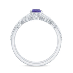 Real Tanzanite Diamond Double Band Engagement Ring with Curved Wedding Band