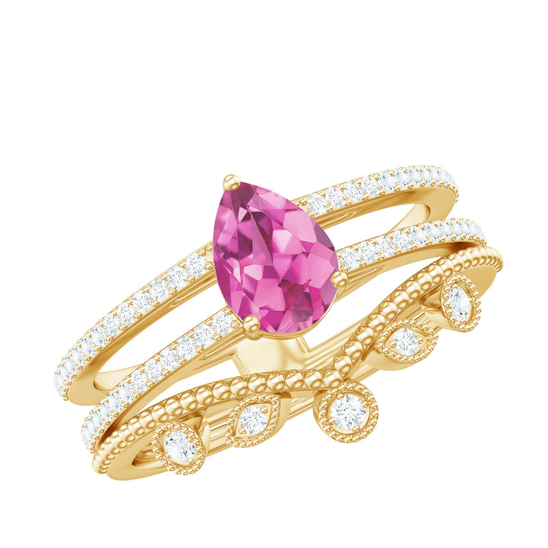 Pear Cut Real Pink tourmaline and Moissanite Wedding Ring Set