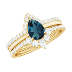 Pear Shape London Blue Topaz and Diamond Trio Ring Set