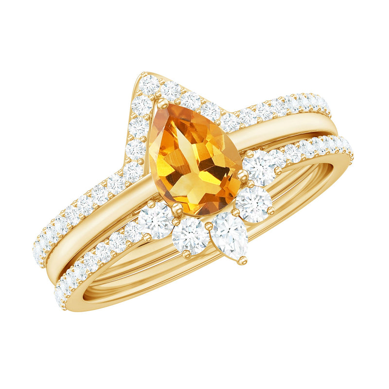 Natural Pear Shape Citrine Wedding Bridal Ring Set of 3 with Certificate