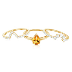 Natural Pear Shape Citrine Wedding Bridal Ring Set of 3 with Certificate