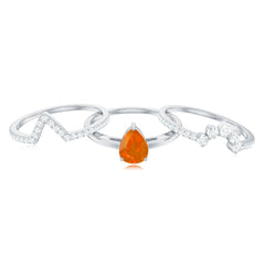 Pear Cut Fire Opal Trio Wedding Ring Set with Moissanite