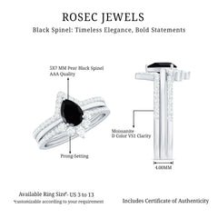 Certified Natural Black Spinel 3 Piece Wedding Ring Set with Moissanite