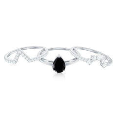 Certified Natural Black Spinel 3 Piece Wedding Ring Set with Moissanite