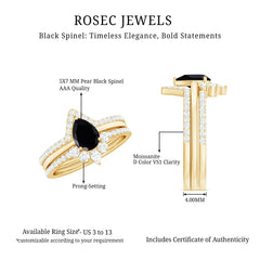 Certified Natural Black Spinel 3 Piece Wedding Ring Set with Moissanite