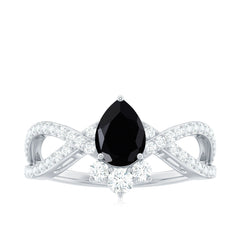 6X8mm Pear Shaped Black Onyx Designer Engagement Ring with Diamond