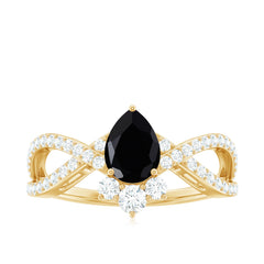 6X8mm Pear Shaped Black Onyx Designer Engagement Ring with Diamond